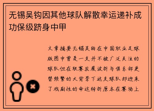 无锡吴钩因其他球队解散幸运递补成功保级跻身中甲