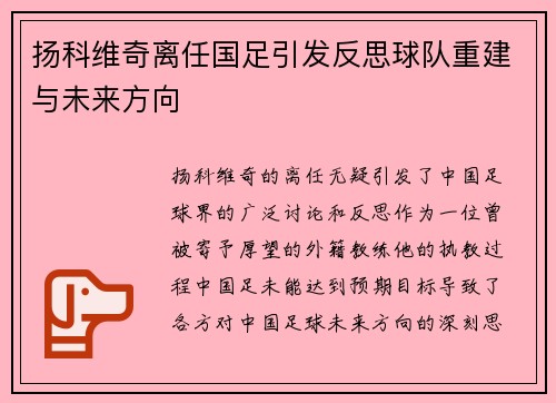 扬科维奇离任国足引发反思球队重建与未来方向